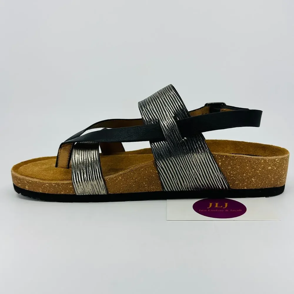 Sofft Women's Silver/Black Leather Adjustable Slingback Comfort Sandals Size 8.5